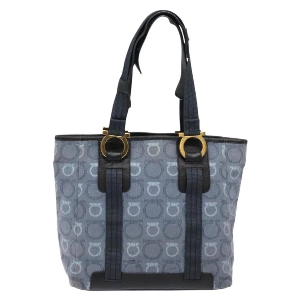 Salvatore Ferragamo Gancini Tote Bag Canvas Blue Gold Auth 139532 - Picture 2 of 16